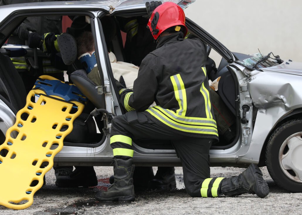 road accident with the injured person with a fireman